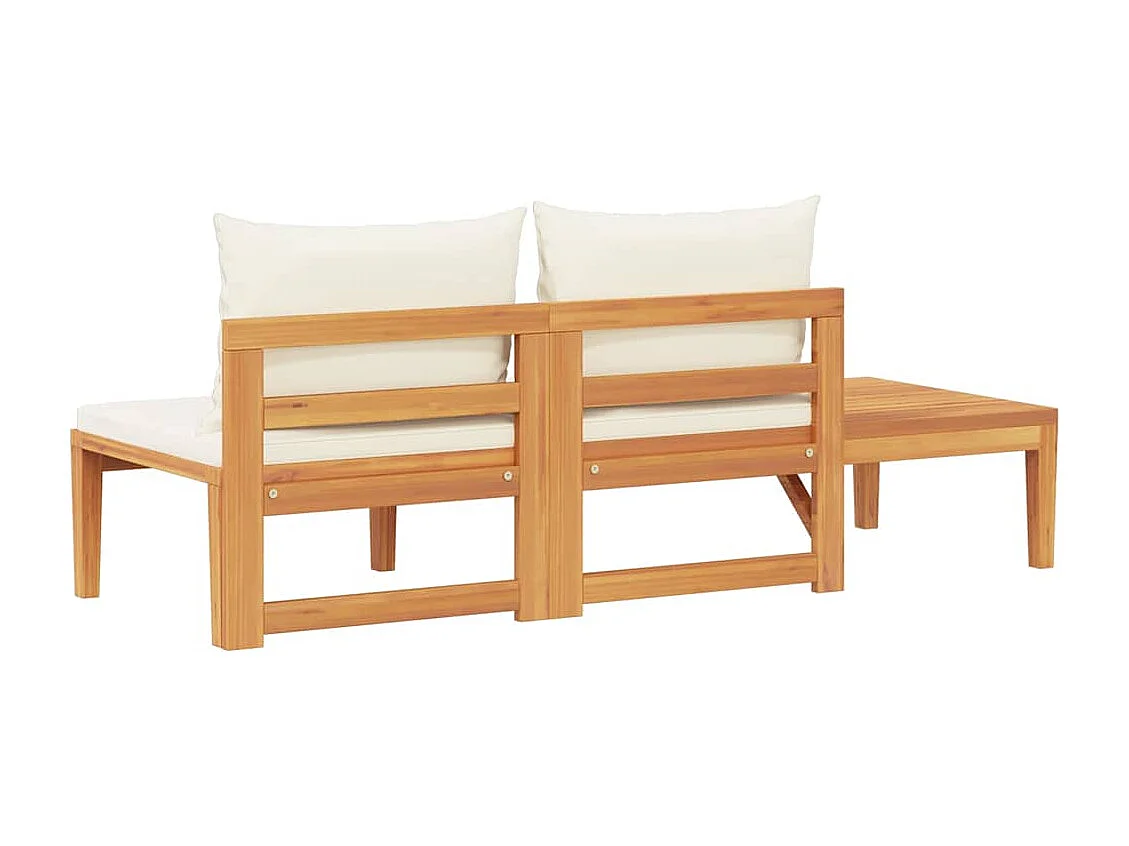 Banc de jardin avec table et coussins Blanc crème Teck solide