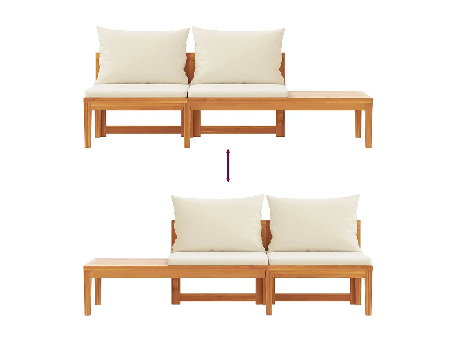 Banc de jardin avec table et coussins Blanc crème Teck solide