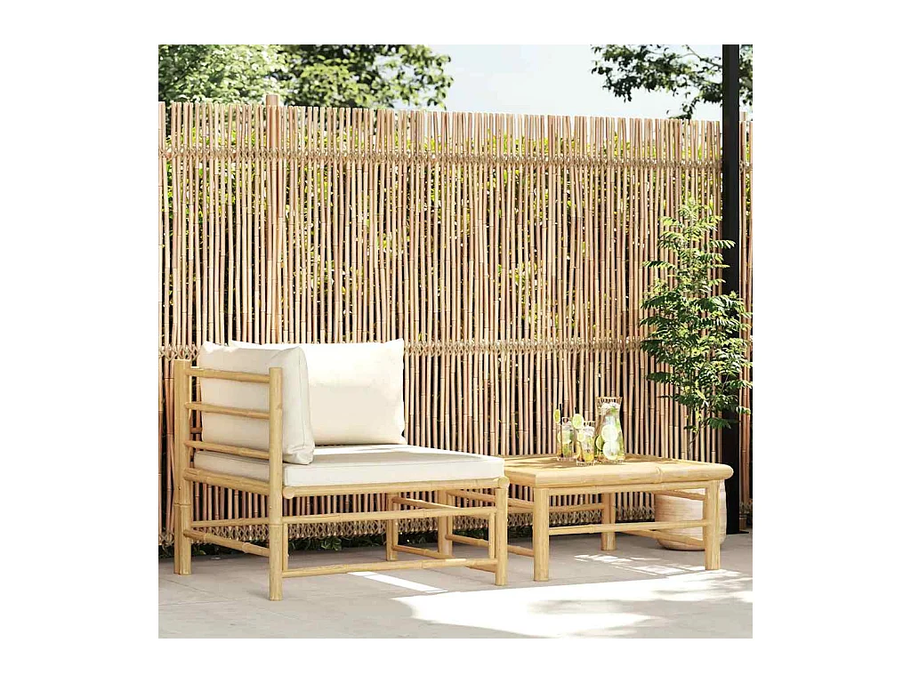 Salon de jardin 2 pcs avec coussins blanc crème Bambou