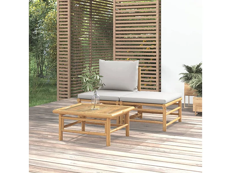 3 pcs conj. lounge de jardim bambu c/ almofadões cinzento-claro