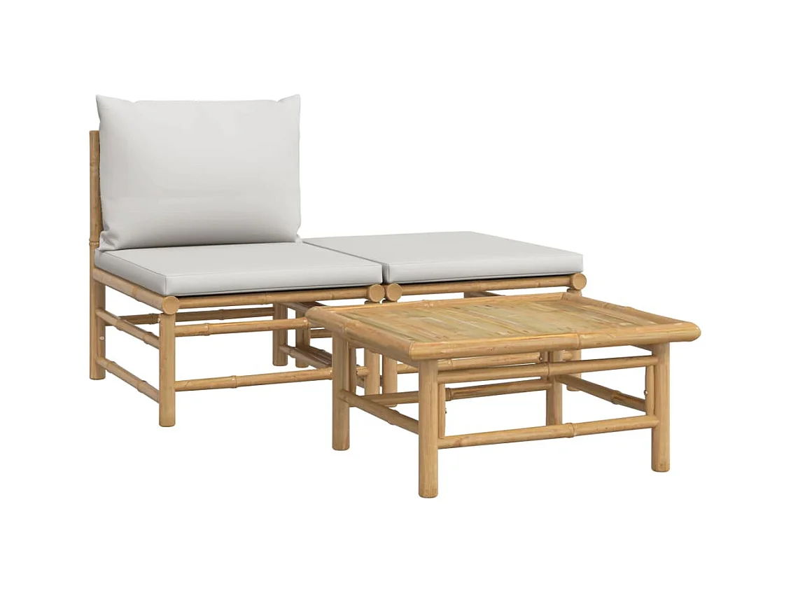 Set Salotto da Giardino 3pz con Cuscini Grigio Chiaro Bambù