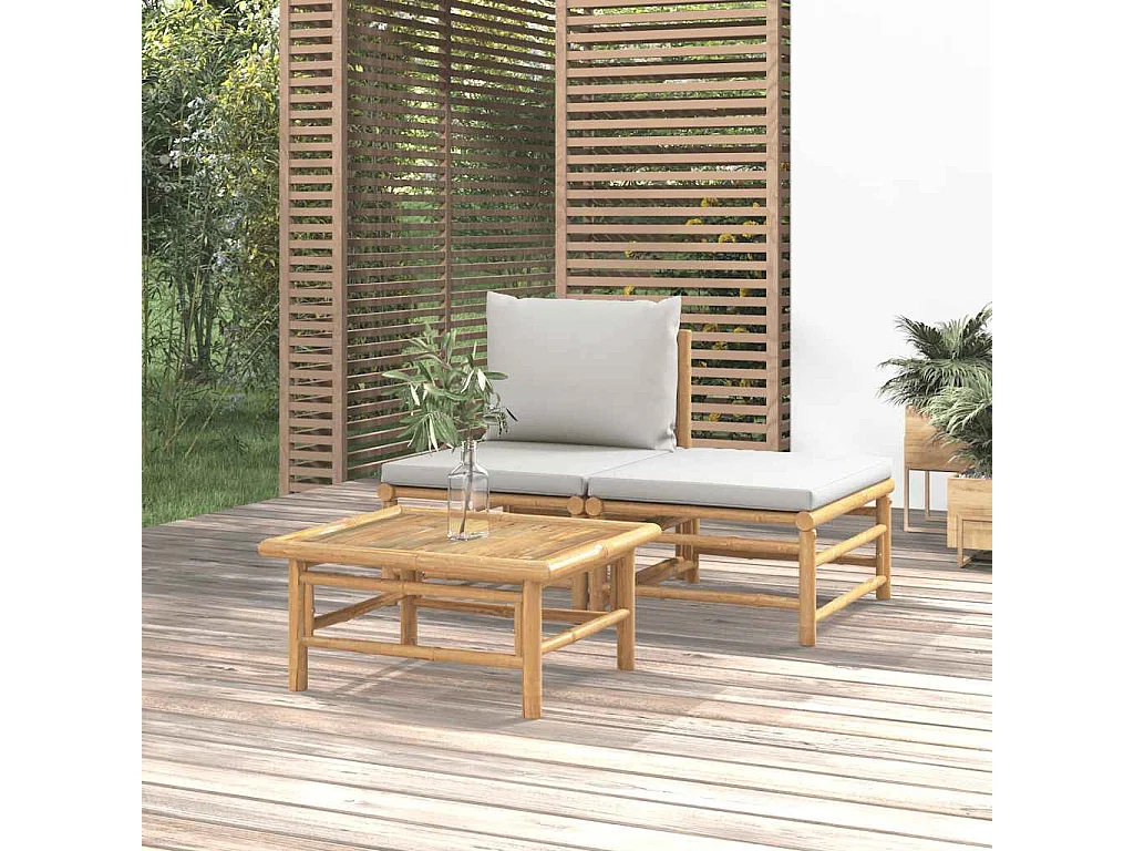 Salon de jardin 3 pcs avec coussins gris clair bambou