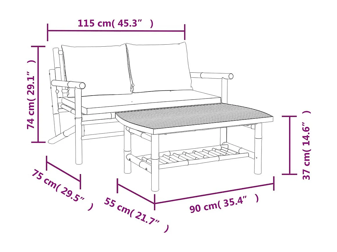 2-delige Loungeset met kussens bamboe donkergrijs