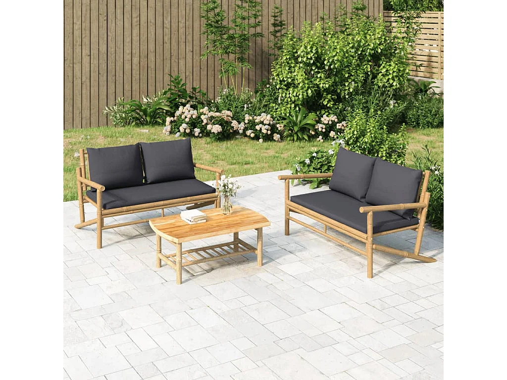 Salon de jardin 2 pcs avec coussins gris foncé bambou
