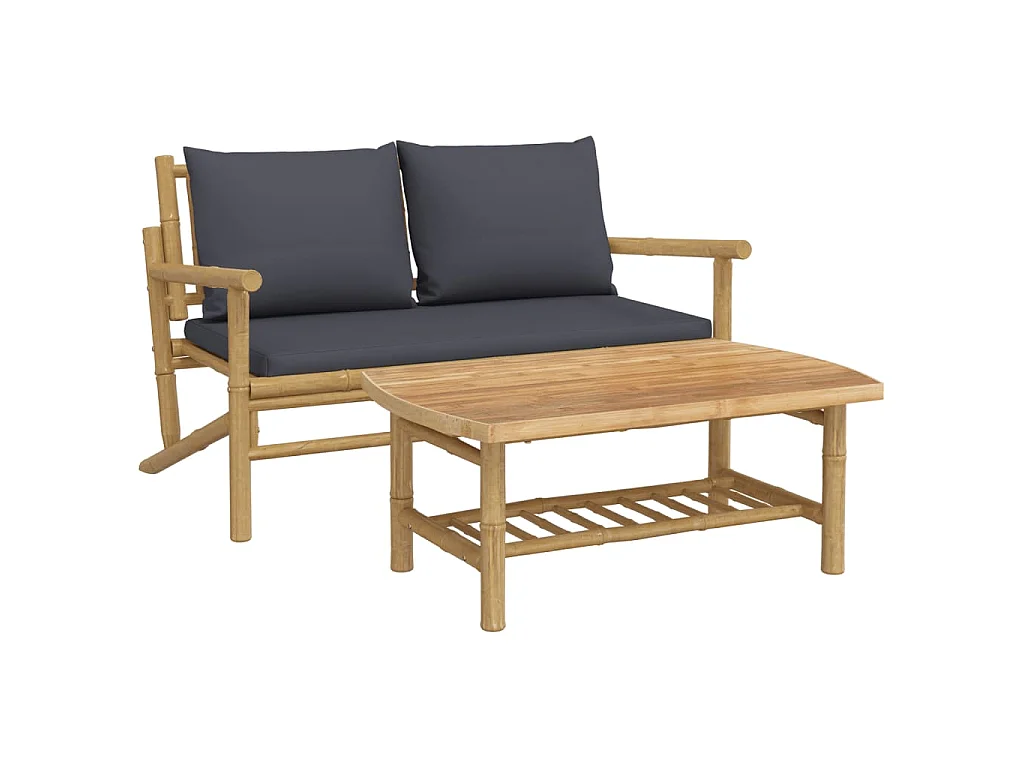 Salon de jardin 2 pcs avec coussins gris foncé bambou