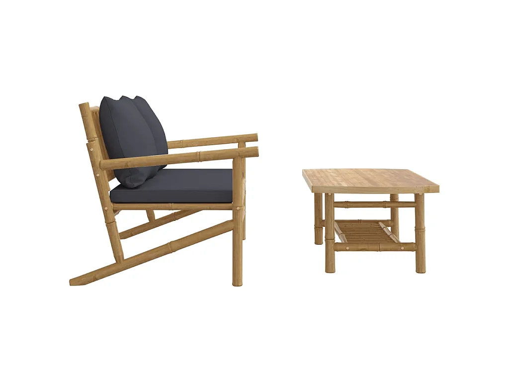Salon de jardin 2 pcs avec coussins gris foncé bambou