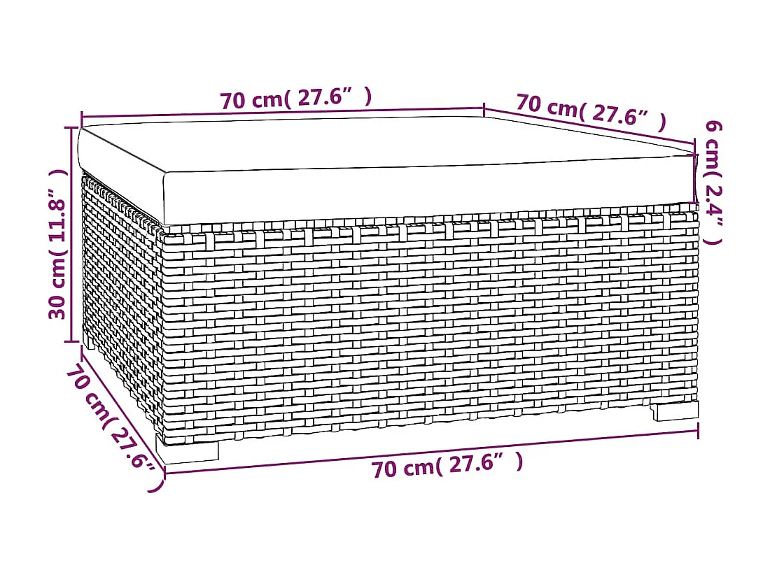 Poggiapiedi da Giardino con Cuscino Nero 70x70x30 cm Polyrattan