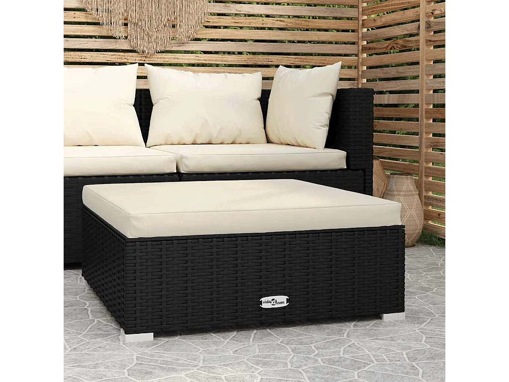 Repose-pied de jardin et coussin Noir 70x70x30cm Résine tressée