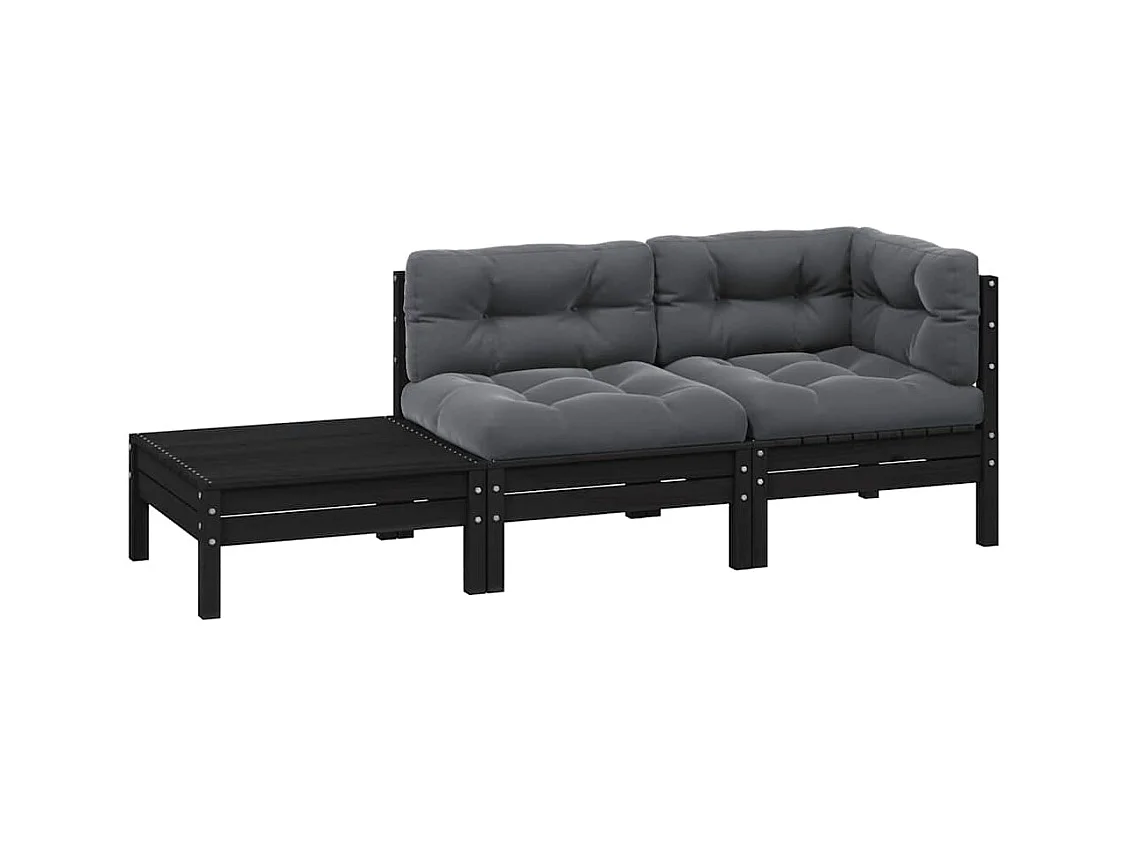 Salon de jardin 3 pcs avec coussins Noir Bois de pin massif