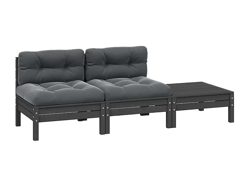 3 pcs conj. lounge jardim c/ almofadões pinho maciço cinzento