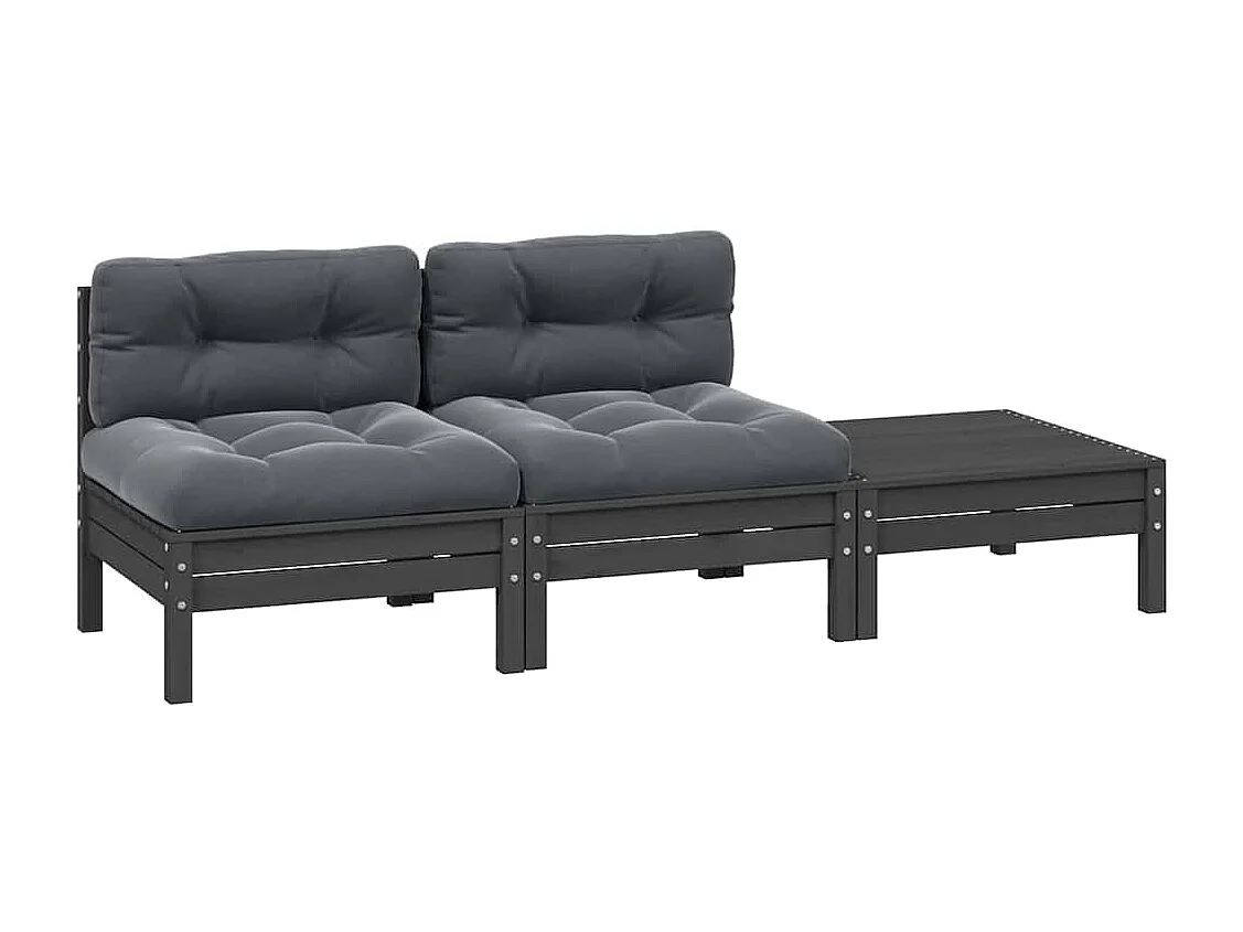 3 pcs conj. lounge jardim c/ almofadões pinho maciço cinzento