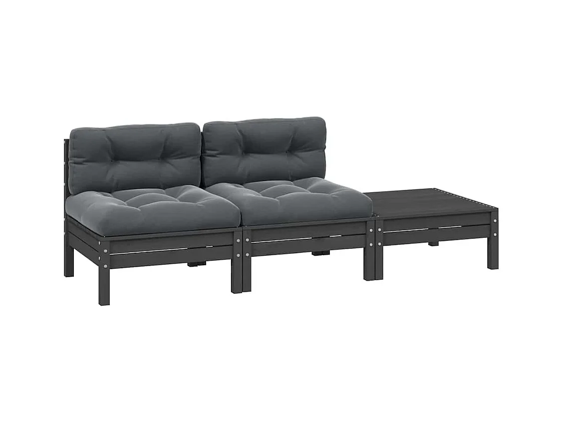 Salon de jardin 3 pcs avec coussins Gris Bois de pin massif