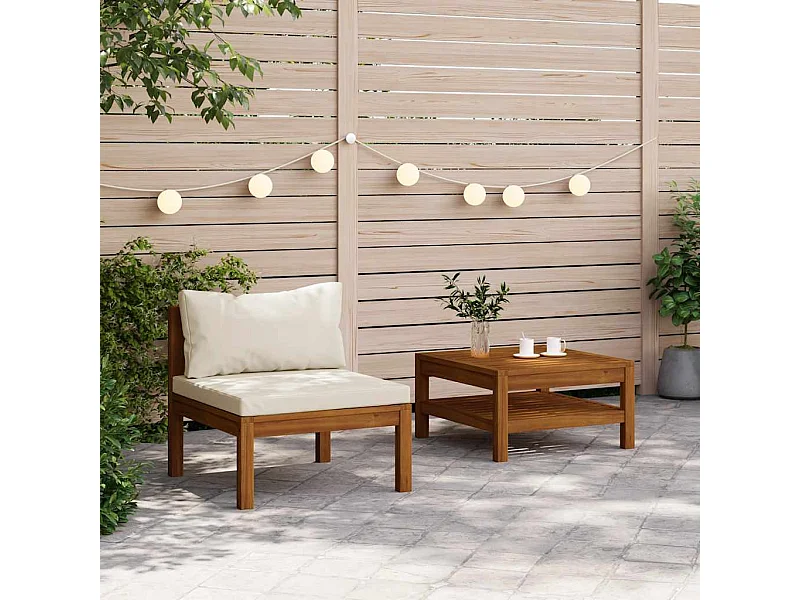 2-tlg. Garten-Sofagarnitur mit Cremeweißen Kissen Akazienholz