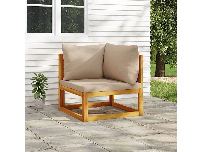 Canapé d'angle sectionnel et coussins taupe bois massif acacia