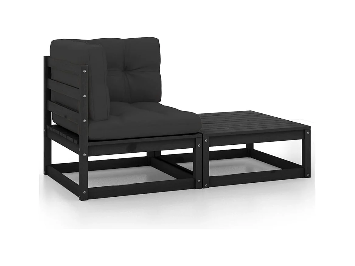 Salon de jardin 2 pcs avec coussins Noir Bois de pin massif