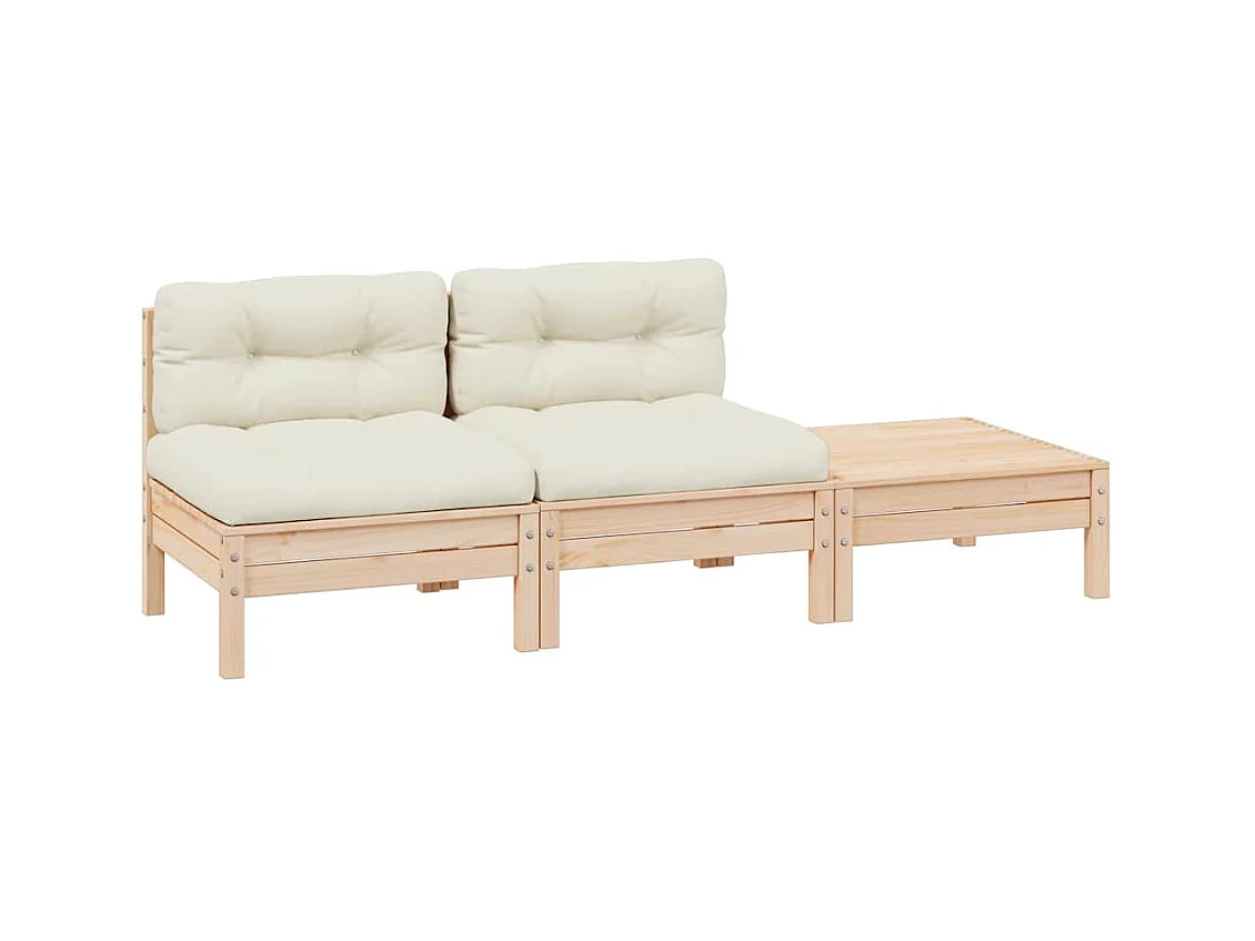 Salon de jardin 3 pcs avec coussins crème Bois de pin massif