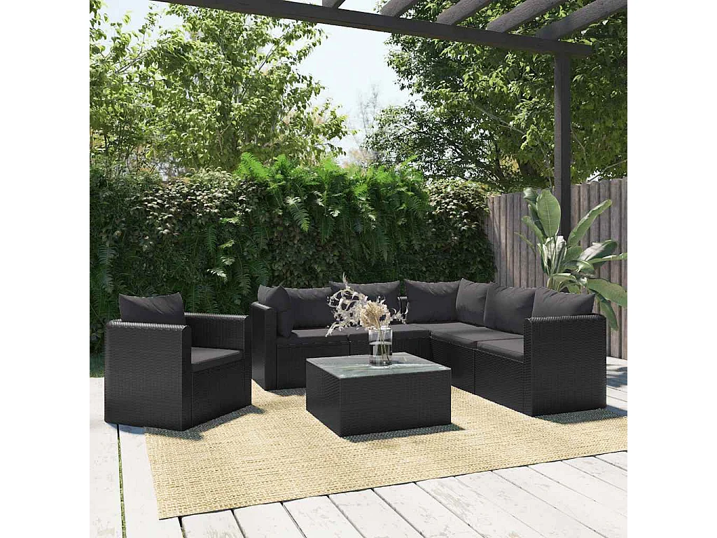 7-tlg. Garten-Lounge-Set mit Auflagen Poly Rattan Schwarz