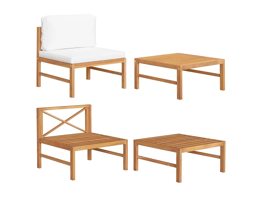 2-tlg. Garten-Lounge-Set mit Creme Kissen Teakholz