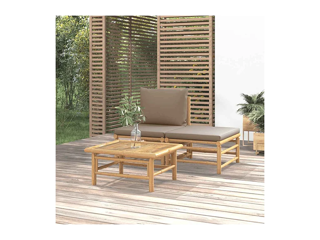 Salon de jardin 3 pcs avec coussins taupe bambou