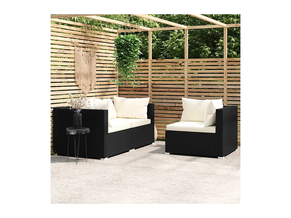 Salon de jardin 3 pcs avec coussins Noir Résine tressée