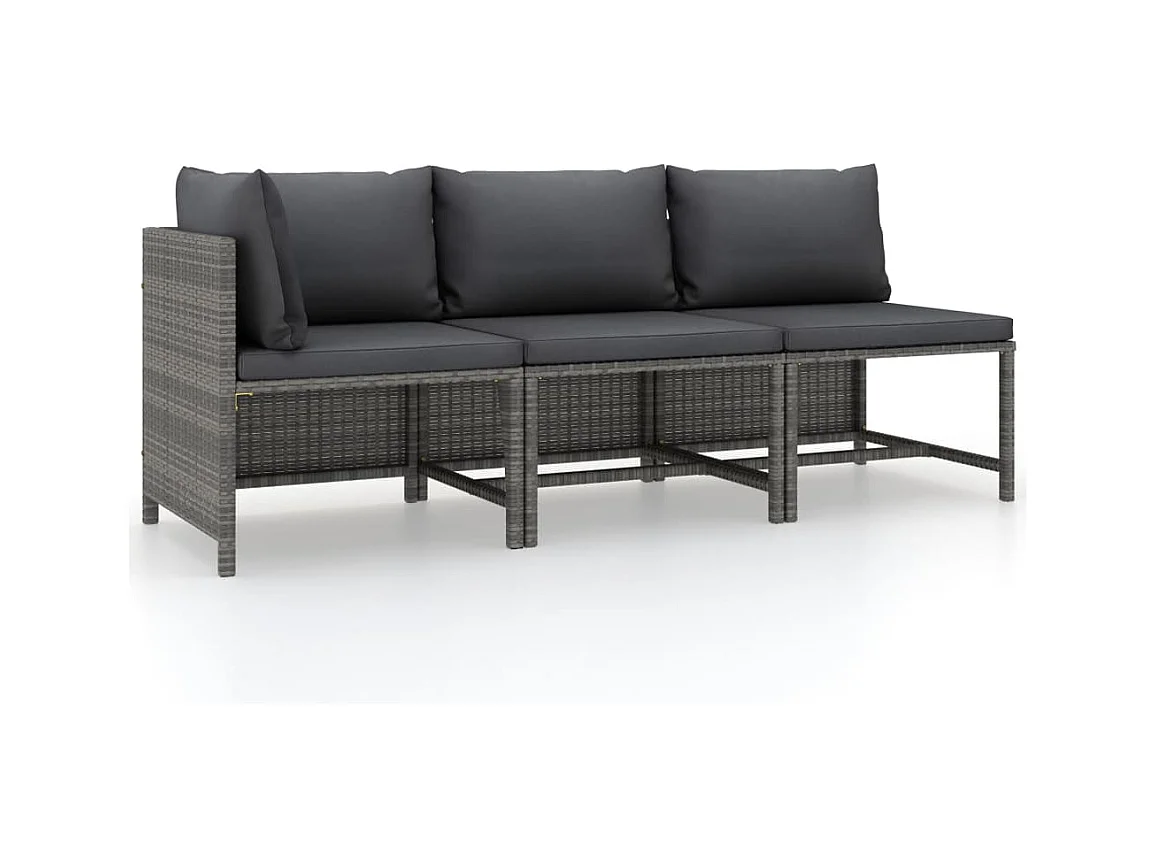3-delige Loungeset met kussens poly rattan grijs