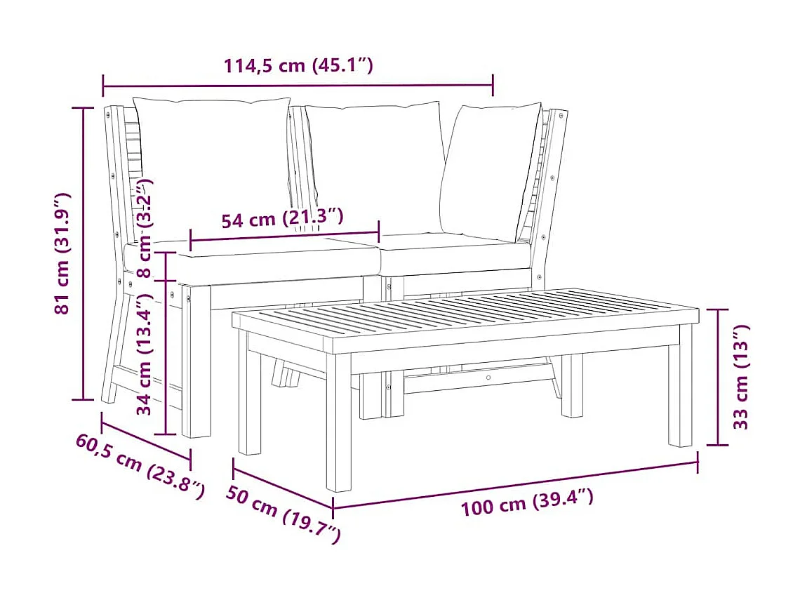 Salon de jardin 3 pcs avec coussin crème Bois d'acacia solide