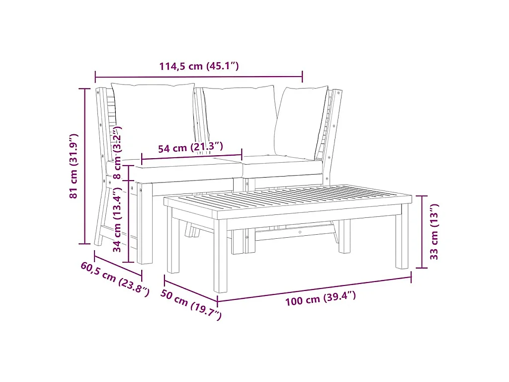 Salon de jardin 3 pcs avec coussin crème Bois d'acacia solide