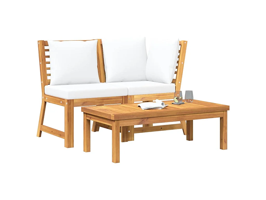 Salon de jardin 3 pcs avec coussin crème Bois d'acacia solide