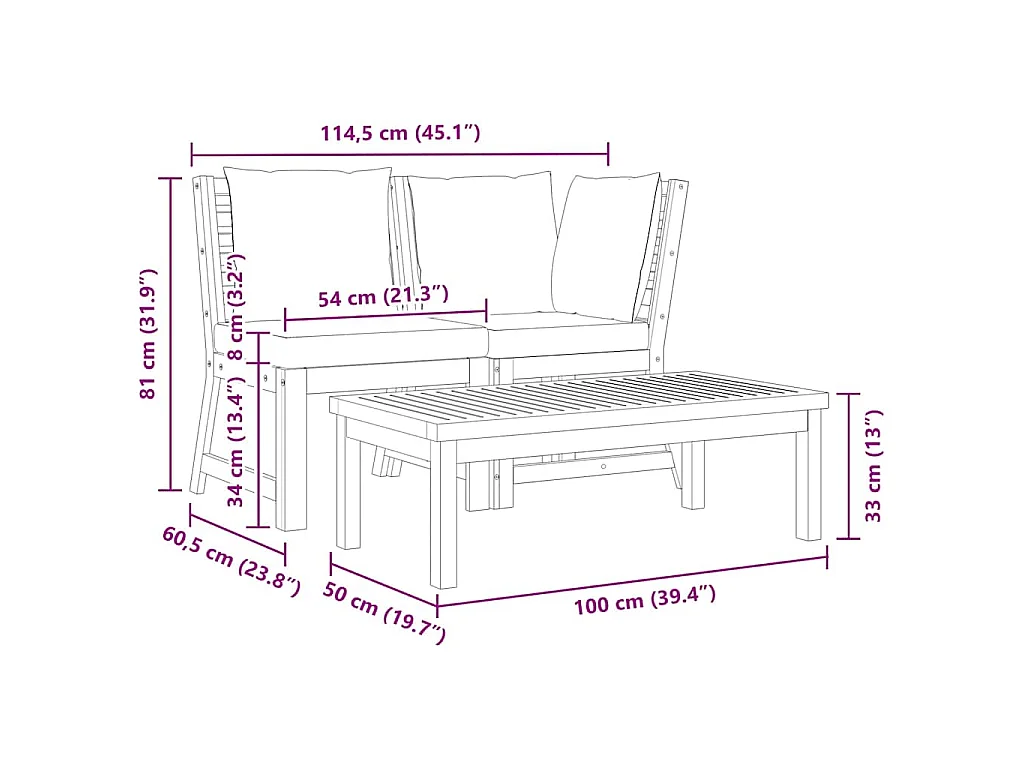 Salon de jardin 3 pcs avec coussin crème Bois d'acacia solide