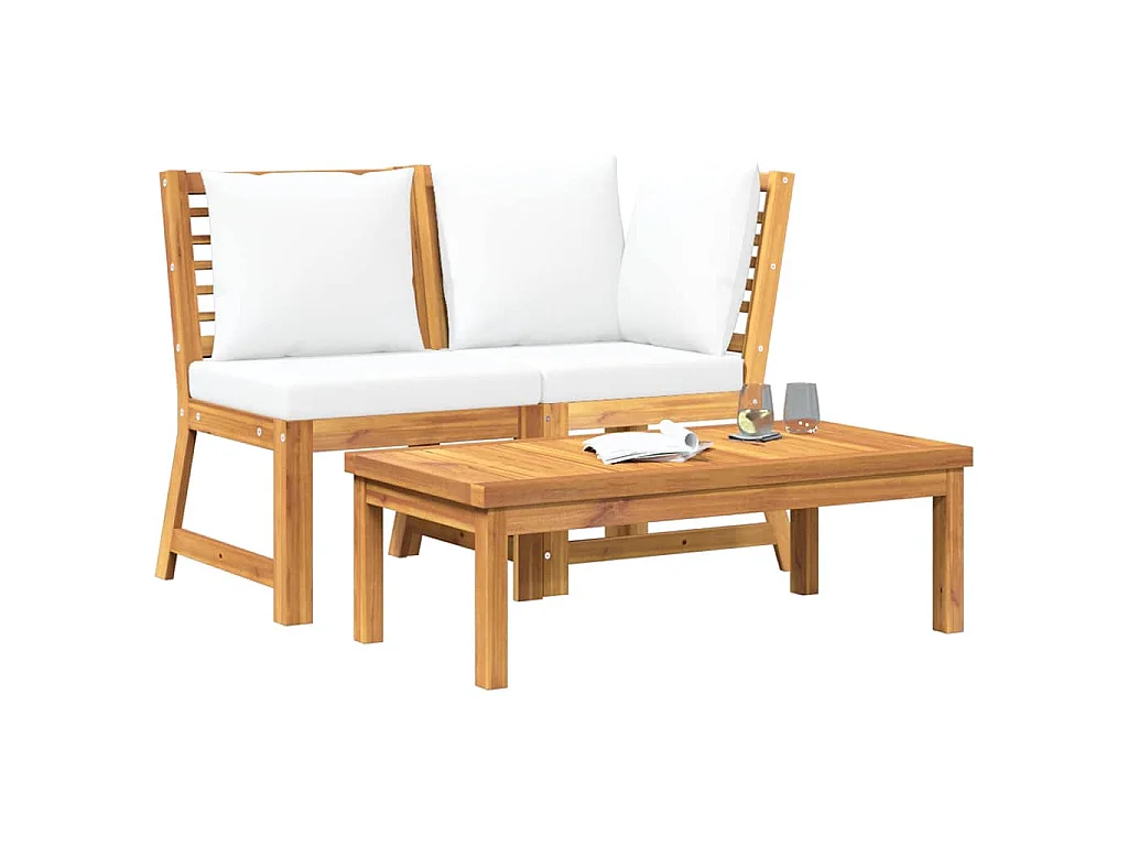 Salon de jardin 3 pcs avec coussin crème Bois d'acacia solide