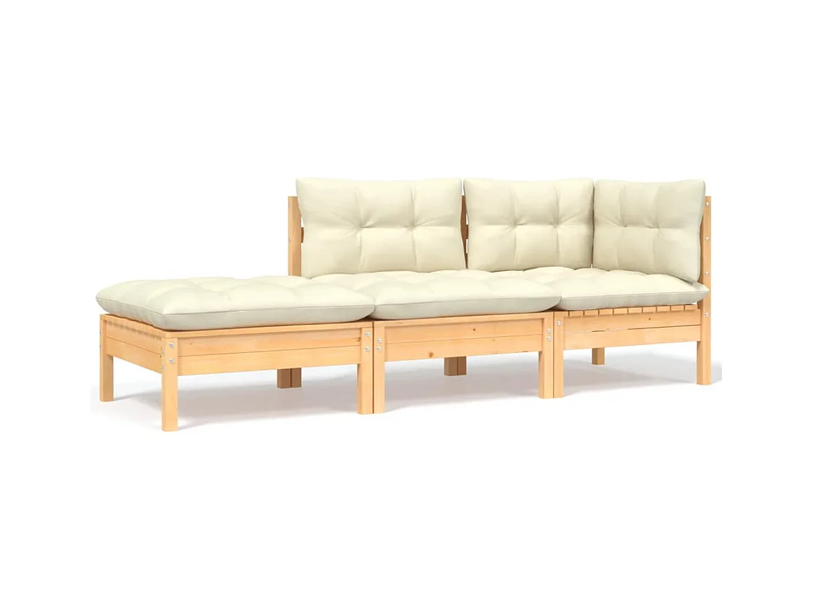 Salon de jardin 3 pcs avec coussins crème Bois de pin massif