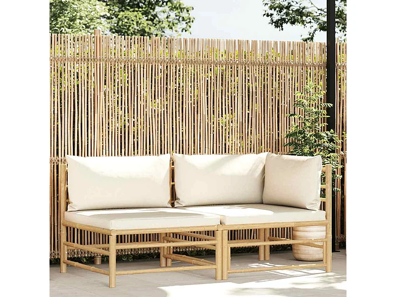 2-tlg. Garten-Lounge-Set mit Kissen Cremeweiß Bambus