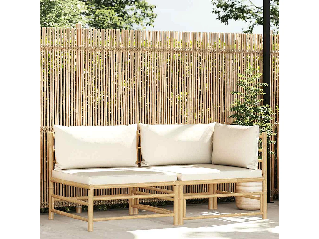 2 pcs conj. lounge p/ jardim em bambu c/ almofadões branco nata