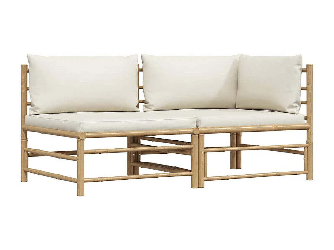 2 pcs conj. lounge p/ jardim em bambu c/ almofadões branco nata