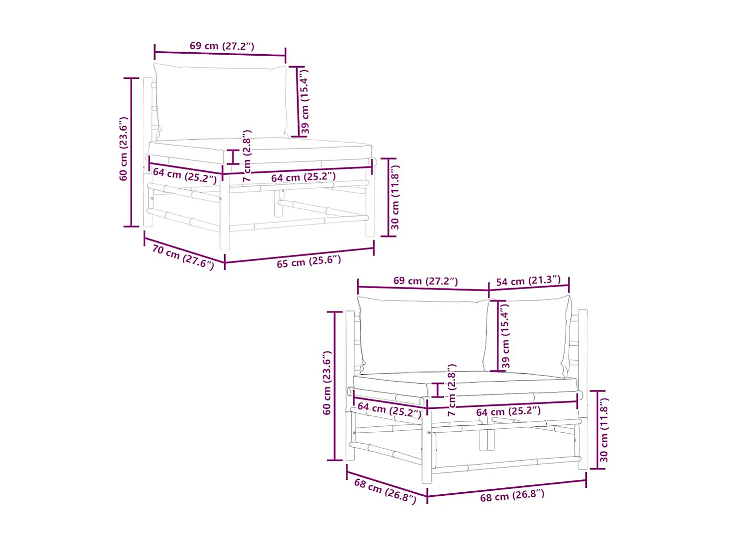2 pcs conj. lounge p/ jardim em bambu c/ almofadões branco nata