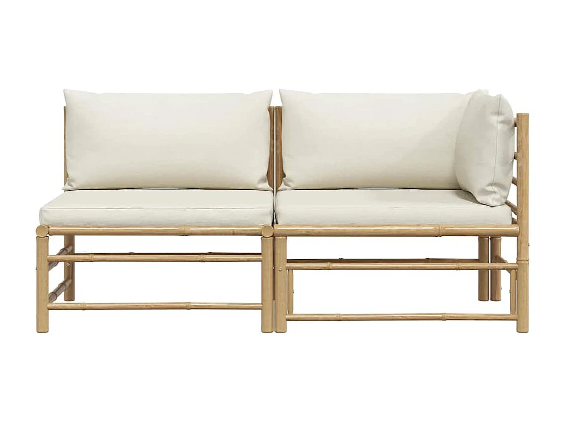 Set Divani da Giardino 2 pz con Cuscini Bianco Crema in Bambù
