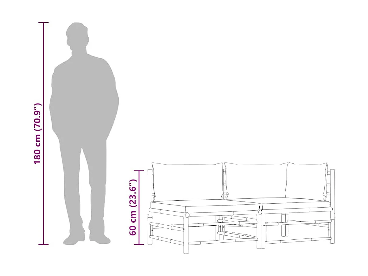 Set Divani da Giardino 2 pz con Cuscini Bianco Crema in Bambù