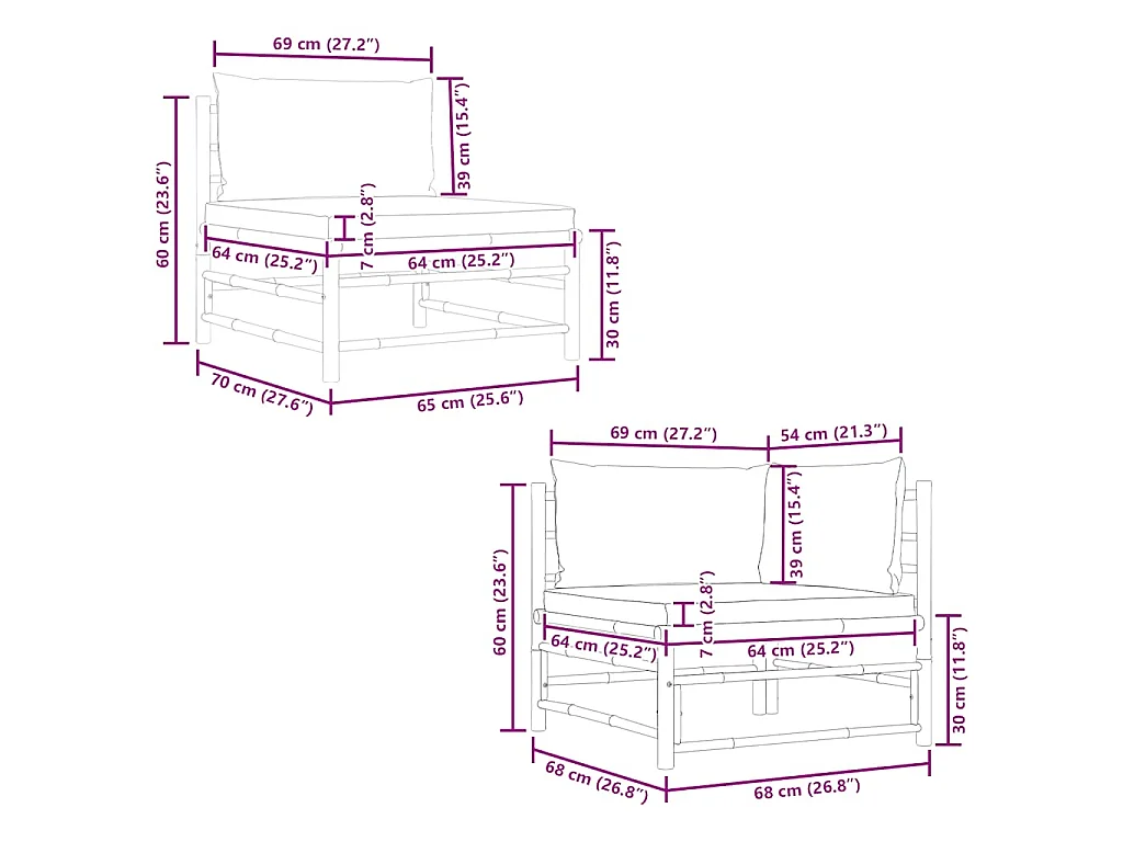 Salon de jardin 2 pcs avec coussins blanc crème Bambou