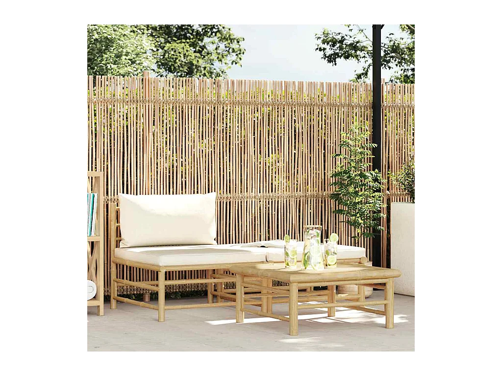Salon de jardin 3 pcs avec coussins blanc crème Bambou
