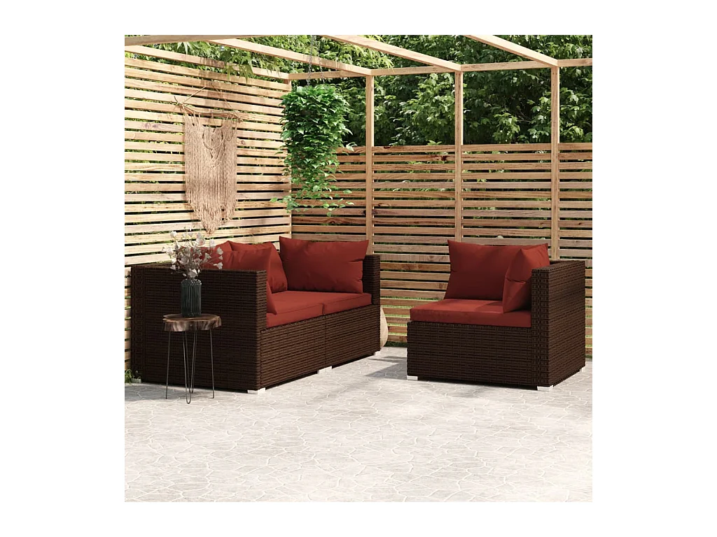 Salon de jardin 3 pcs avec coussins Marron Résine tressée