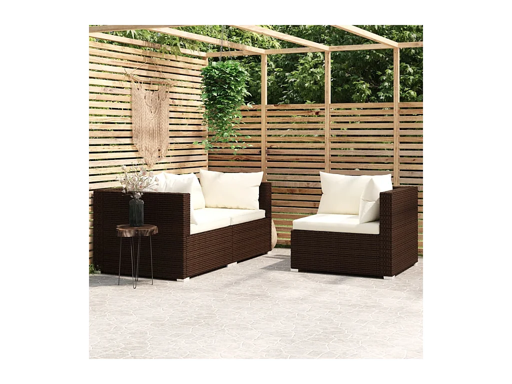 Salon de jardin 3 pcs avec coussins Marron Résine tressée