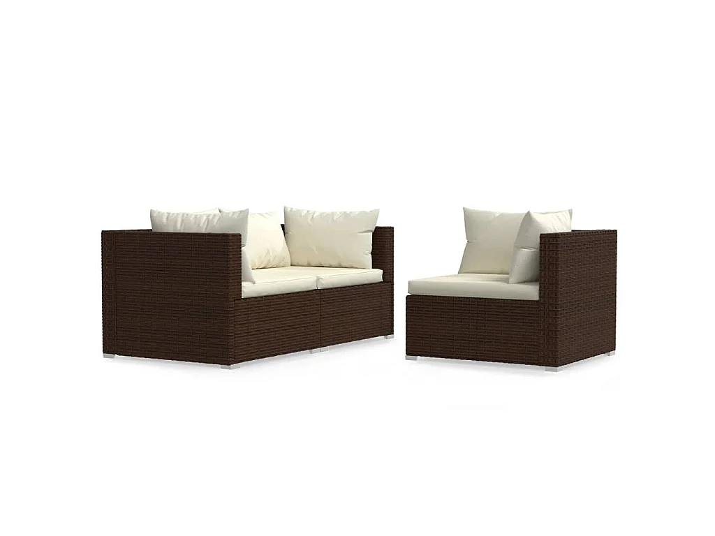 Set muebles de jardín 3 pzas y cojines ratán sintético marrón