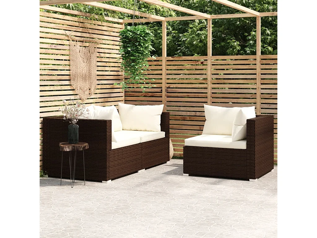 Set muebles de jardín 3 pzas y cojines ratán sintético marrón