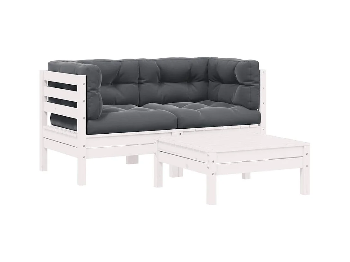 Salon de jardin 3 pcs avec coussins Blanc Bois de pin massif