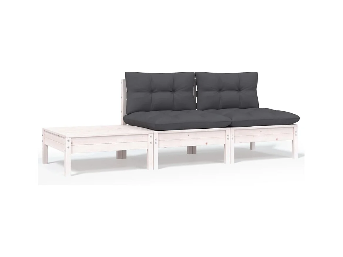 Salon de jardin 3 pcs avec coussins Blanc Bois de pin massif