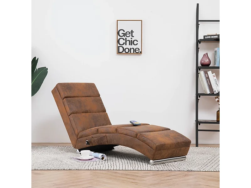 Chaise longue de massagens camurça artificial castanho