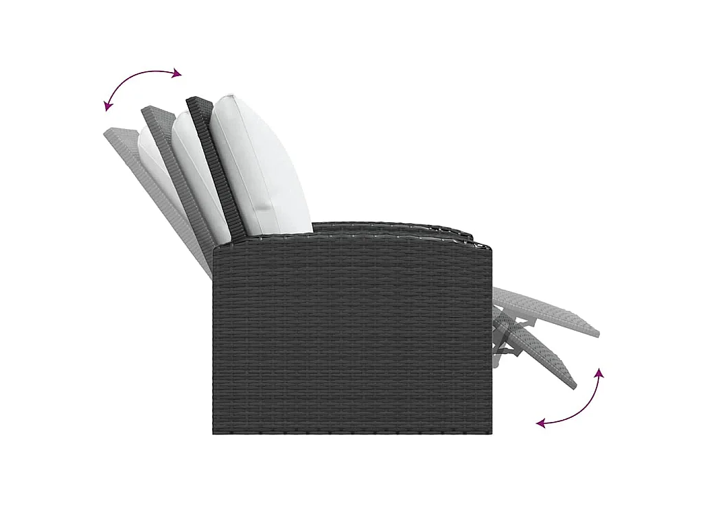 Gartensessel Verstellbar mit Kissen Schwarz Poly Rattan