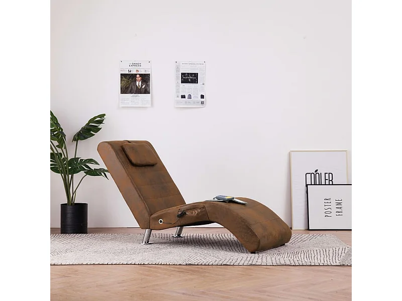 Chaise longue massagem c/ almofada camurça artificial castanho