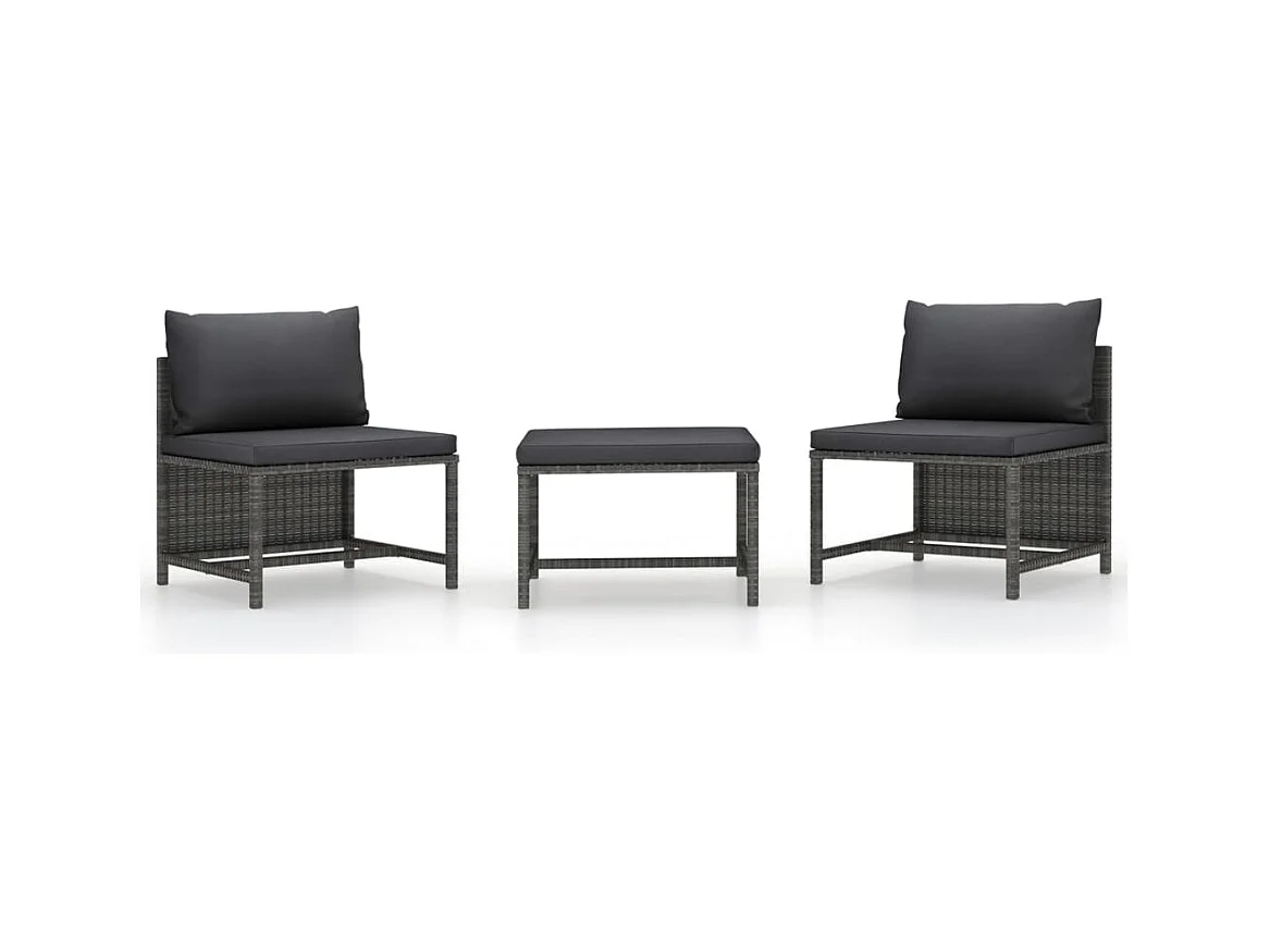 Salon de jardin 3 pcs avec coussins Gris Résine tressée