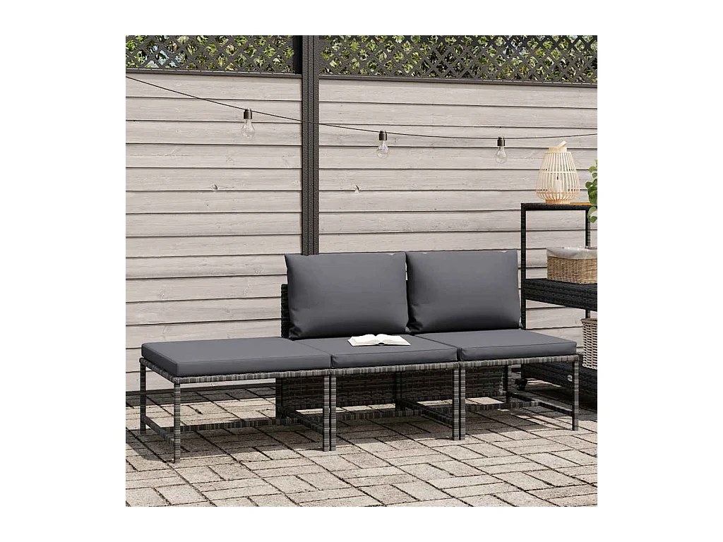 Salon de jardin 3 pcs avec coussins Gris Résine tressée